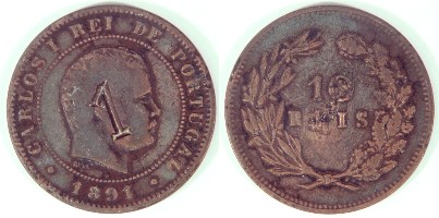 Carlos I Ten Reis counter-stamped “1”