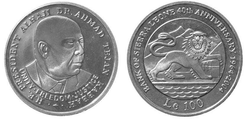 The 100 Leones commemorating the 40th Anniversary of the Bank of Sierra Leone